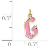Gold-colored pendant with pink enamel in the shape of the number 13, shown next to a ruler indicating approximately half an inch in height.