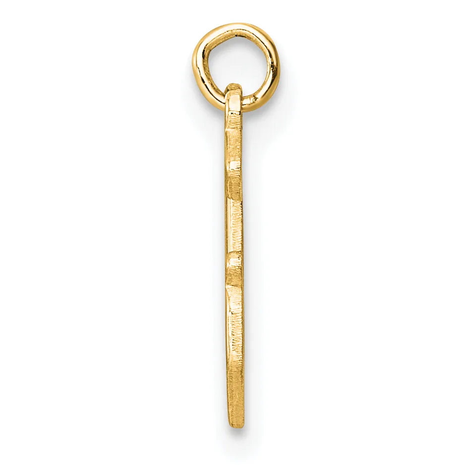 A gold charm pendant consisting of a round loop at the top attached to a long rectangular bar with a textured surface, shown against a white background.