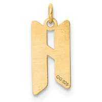 Gold letter H pendant with a brushed finish and a small stamped hallmark, suspended from a gold loop bail.