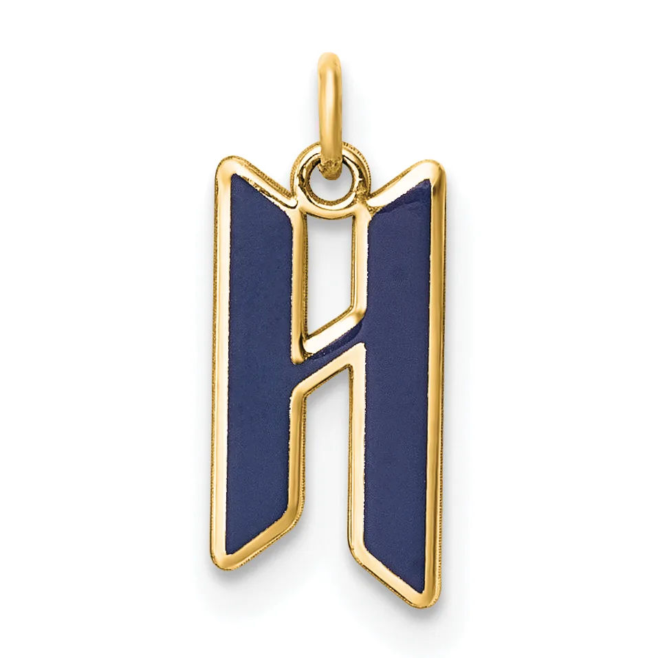 Gold pendant charm with dark blue enamel inlay forming the letter H, suspended from a loop bail.