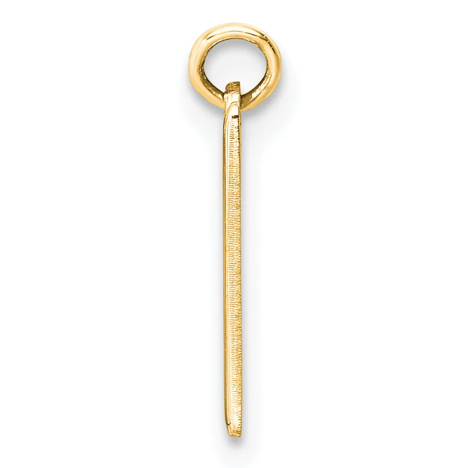 A long, slender gold pendant with a textured surface and a round loop at the top for attachment to a chain.