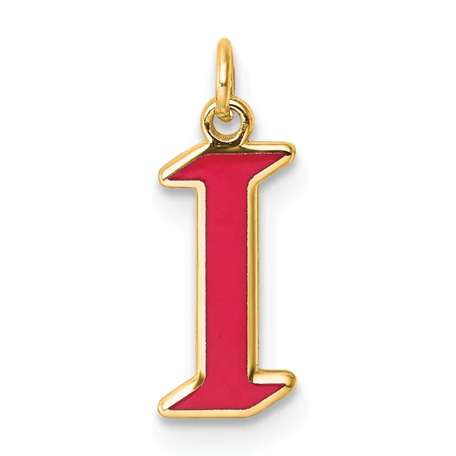 Gold-toned metal pendant charm shaped as a capital letter "I" with red enamel fill and a small loop at the top for attachment.