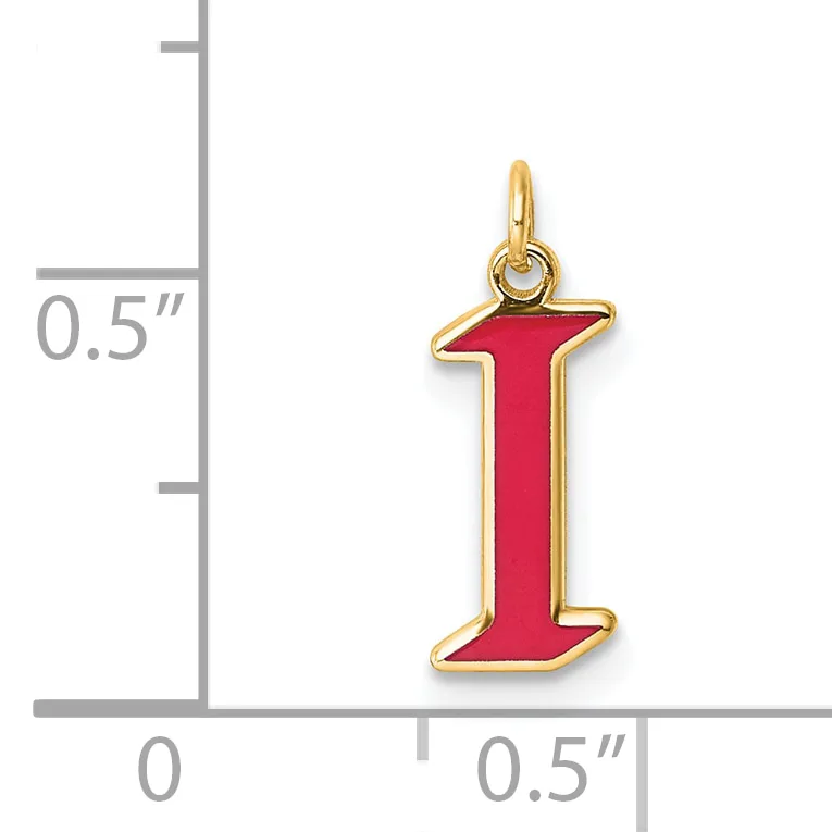 Gold-toned charm with a red enamel letter "I" and a small loop at the top for attachment, shown next to a ruler indicating the charm is approximately 0.5 inches tall.