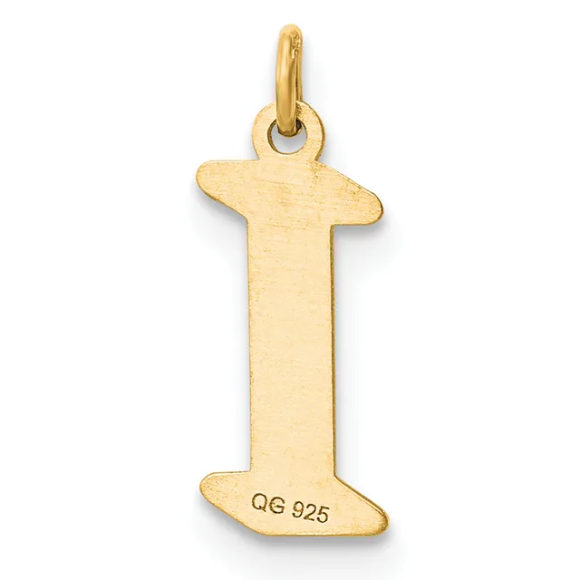 A gold letter "I" pendant with a small stamped hallmark on the lower portion and a loop at the top for hanging.