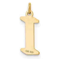 A gold letter "I" pendant with a small stamped hallmark on the lower portion and a loop at the top for hanging.