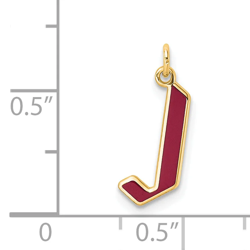 Gold-toned charm shaped like the letter J with burgundy red enamel fill, shown next to a ruler indicating approximately 0.5 inches in width.