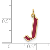 Gold-toned charm shaped like the letter J with burgundy red enamel fill, shown next to a ruler indicating approximately 0.5 inches in width.