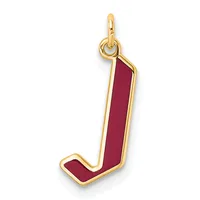 Gold pendant in the shape of the letter J with a deep red enamel fill and a loop attachment at the top.