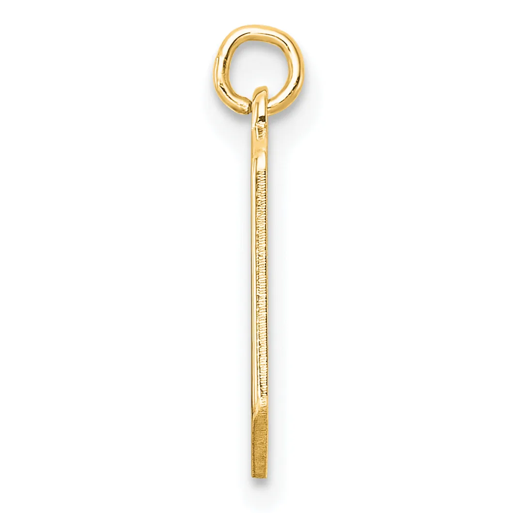 A long, thin gold charm with a loop at the top and a split ring attachment, displayed vertically against a white background.