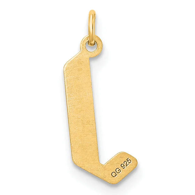A gold-colored letter J pendant with a textured matte finish and a small stamped hallmark on the lower right corner, suspended from a polished bail loop.