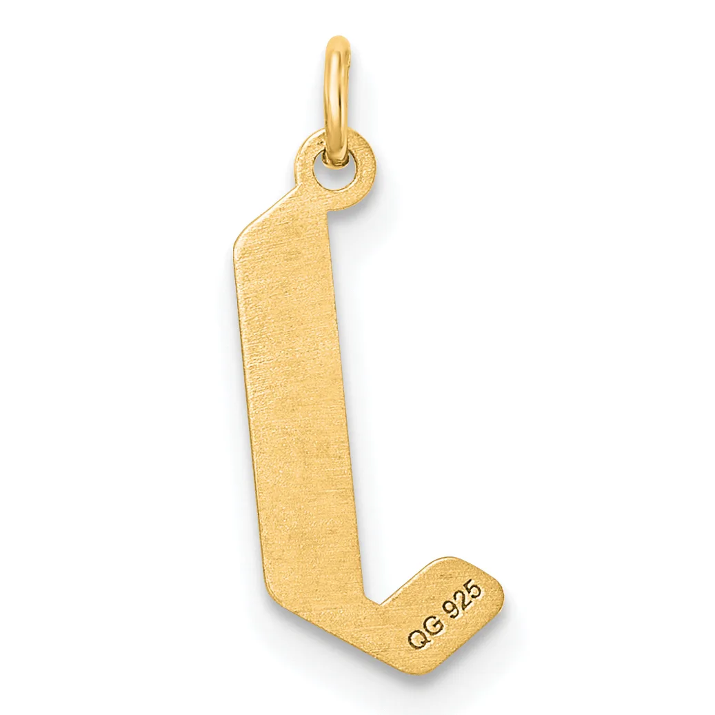 A gold-colored letter J pendant with a textured matte finish and a small stamped hallmark on the lower right corner, suspended from a polished bail loop.