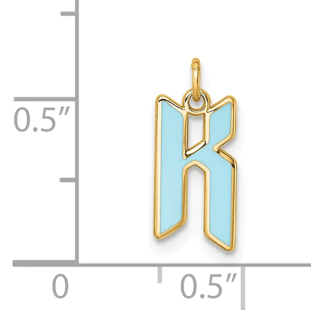 Gold-colored letter K pendant with light blue enamel fill, shown next to a ruler indicating approximately 0.5 inches in height.