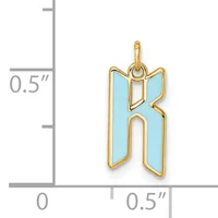 Gold-colored letter K pendant with light blue enamel fill, shown next to a ruler indicating approximately 0.5 inches in height.