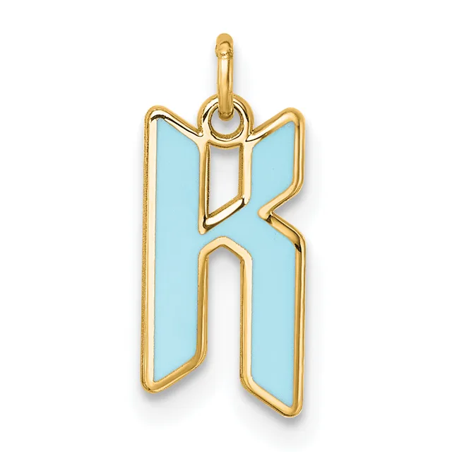 Gold letter K pendant with light blue enamel fill and a small loop at the top for hanging.