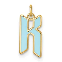 Gold letter K pendant with light blue enamel fill and a small loop at the top for hanging.