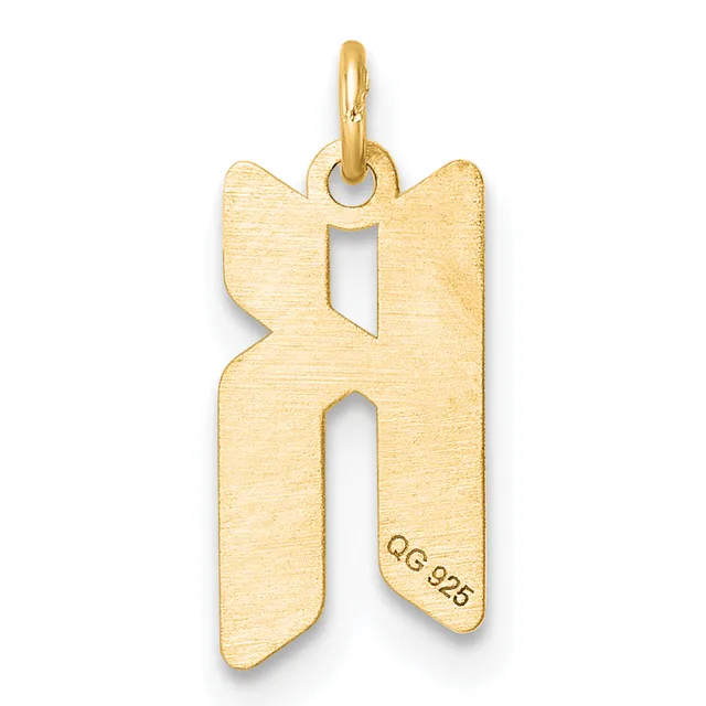 Gold letter K pendant with a brushed finish and small stamped hallmark, suspended from a gold loop bail.