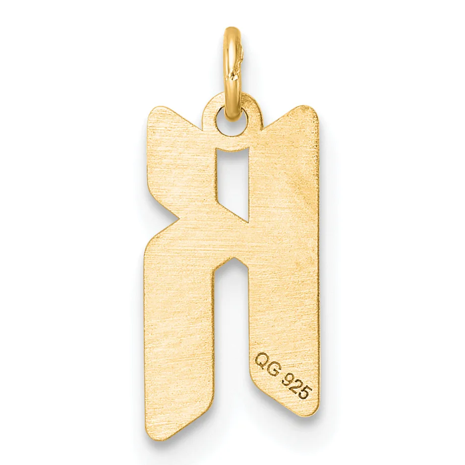 Gold letter K pendant with a brushed finish and small stamped hallmark, suspended from a gold loop bail.