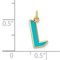 Gold-colored charm in the shape of the letter L with turquoise enamel fill, shown next to a ruler indicating approximately half an inch in height.