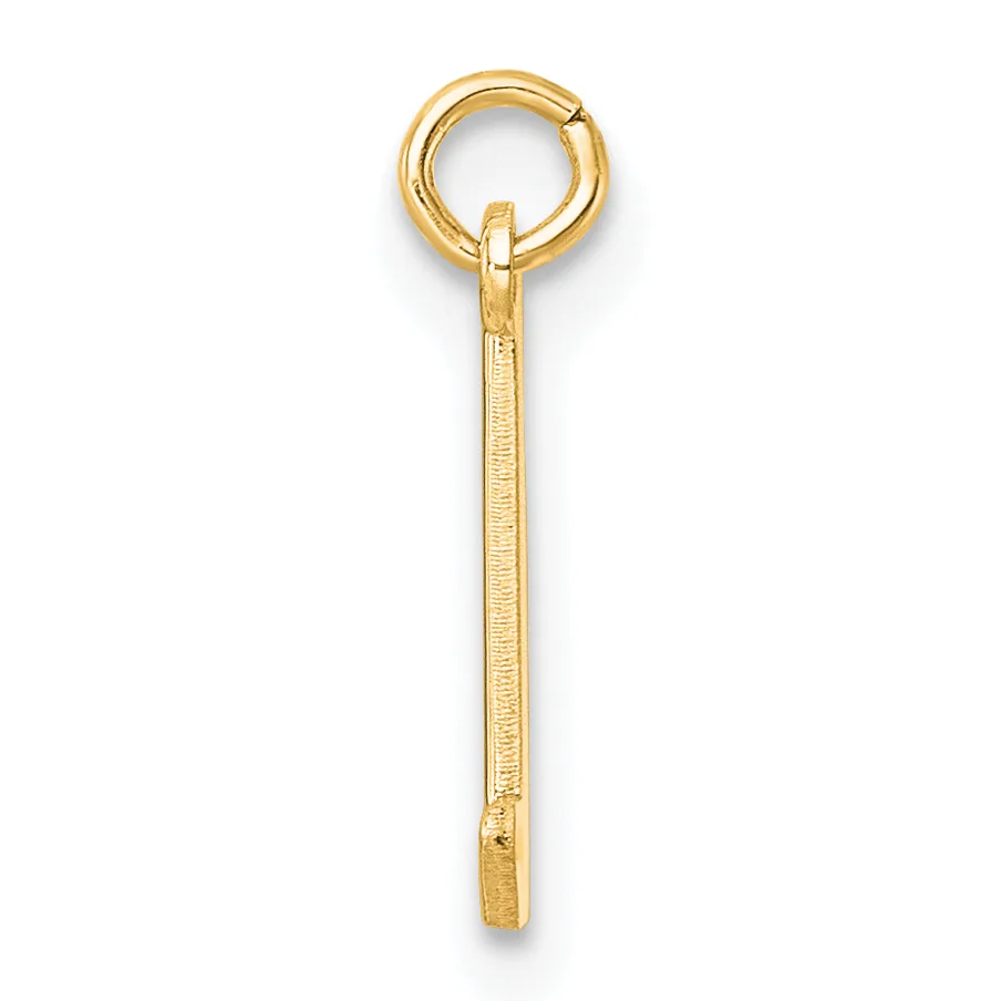 A gold pendant charm consisting of a rectangular bar attached to a spring ring clasp at the top.