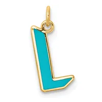 Gold pendant charm shaped like the letter L with turquoise enamel fill and a small loop attachment at the top.