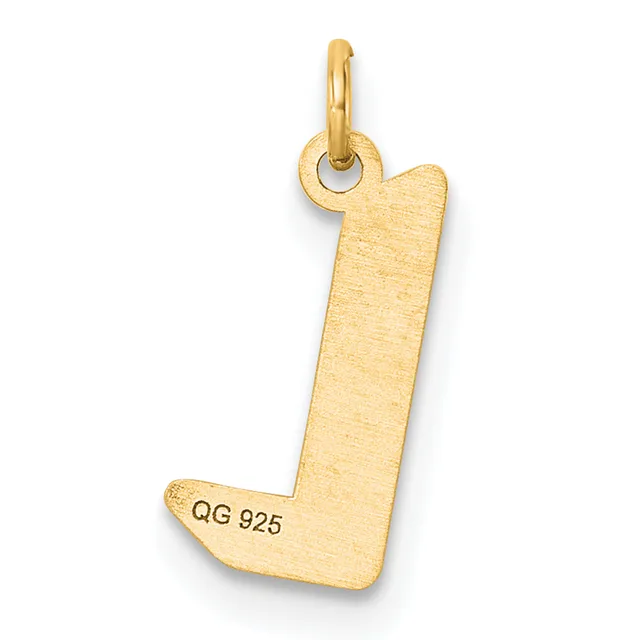 Gold letter J charm with a textured finish and small stamped hallmark on the lower left, suspended from a round bail loop.