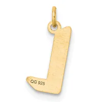 Gold letter J charm with a textured finish and small stamped hallmark on the lower left, suspended from a round bail loop.
