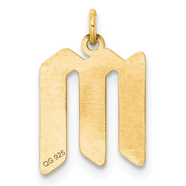 Gold pendant with two vertical rectangular cutouts and curved sides, with a small stamped hallmark on the lower left and a bail loop at the top.