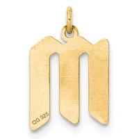 Gold pendant with two vertical rectangular cutouts and curved sides, with a small stamped hallmark on the lower left and a bail loop at the top.