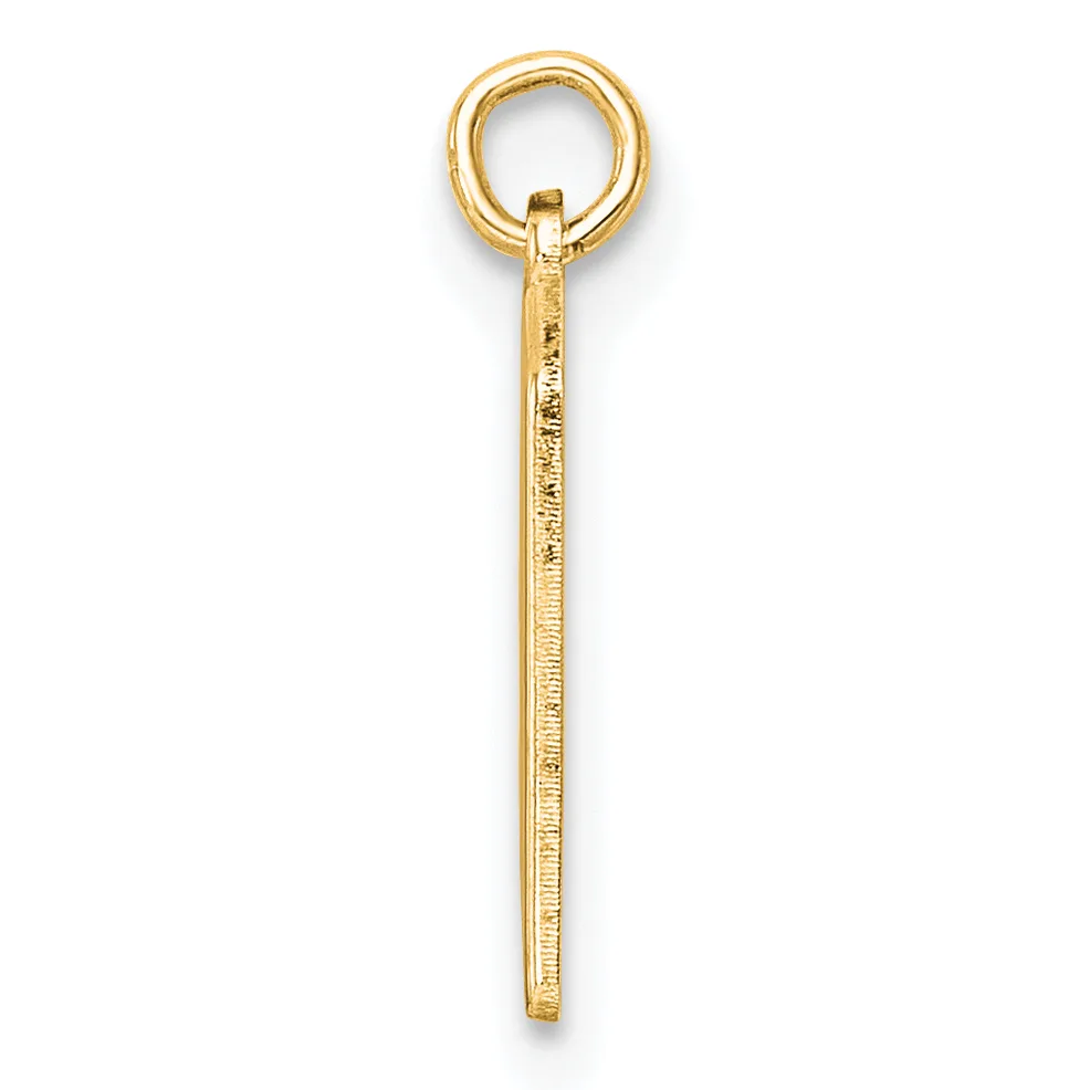 A gold pendant consisting of a circular ring at the top connected to a long, thin rectangular bar with a textured surface below.