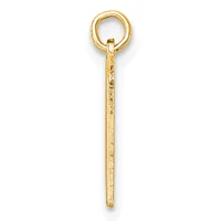 A gold pendant consisting of a circular ring at the top connected to a long, thin rectangular bar with a textured surface below.