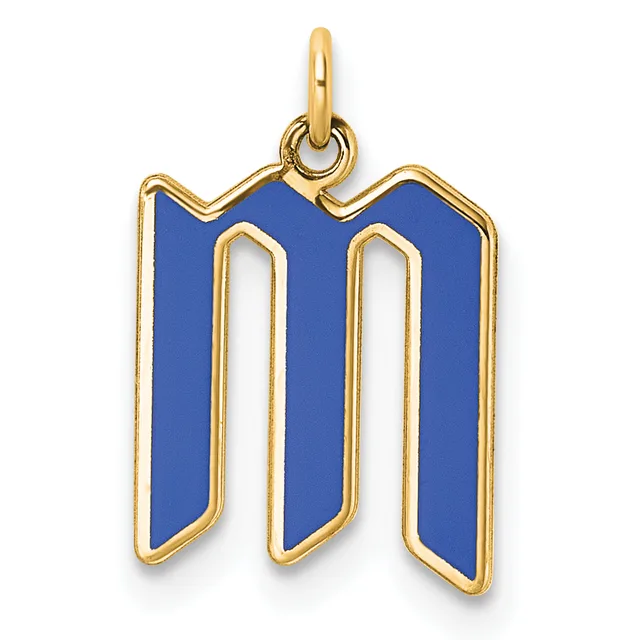 Gold pendant with blue enamel in the shape of the letter M, featuring a gold loop bail at the top.