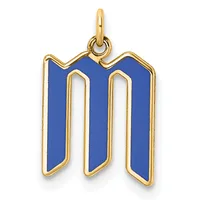 Gold pendant with blue enamel in the shape of the letter M, featuring a gold loop bail at the top.