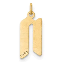 Gold pendant in the shape of the letter "n" with a loop at the top for hanging and a small stamped hallmark on the lower left side.