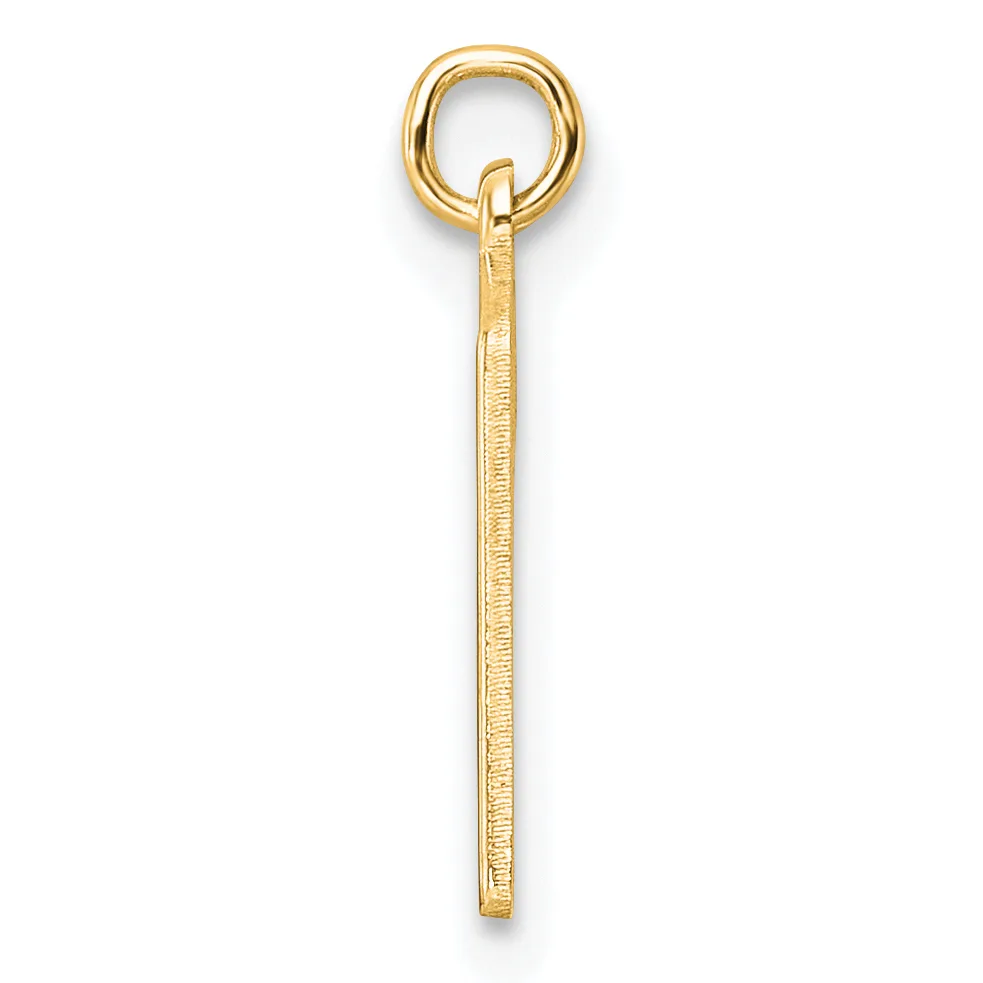 A gold pendant consisting of a long rectangular bar with a textured surface hanging from a round loop at the top.