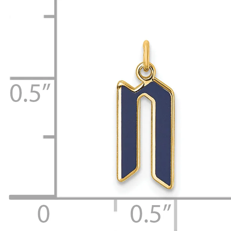 Gold-toned charm pendant with dark blue enamel inlay in an elongated rounded rectangular shape, shown with a measurement scale indicating approximately 0.5 inches in height.