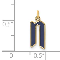 Gold-toned charm pendant with dark blue enamel inlay in an elongated rounded rectangular shape, shown with a measurement scale indicating approximately 0.5 inches in height.
