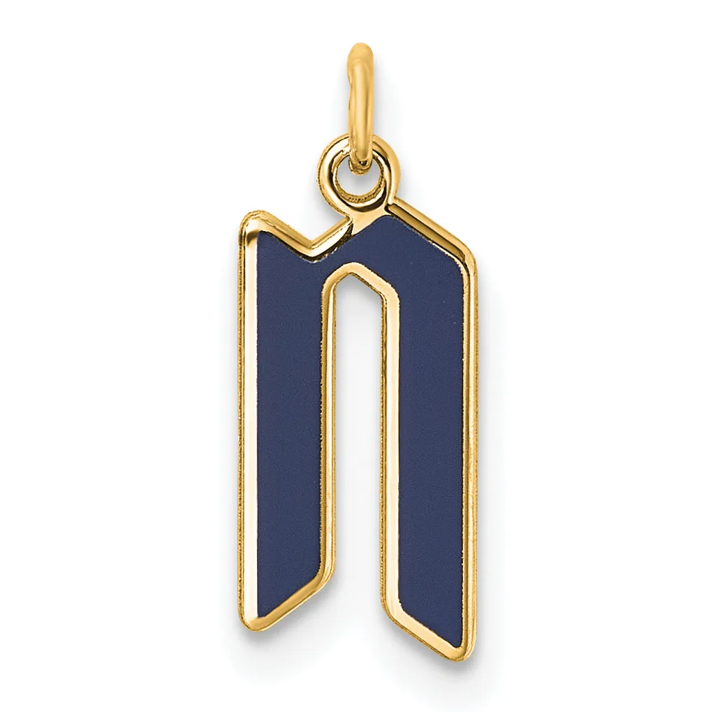 Gold pendant charm with dark blue enamel inlay in the shape of the letter "n," suspended from a gold loop bail.