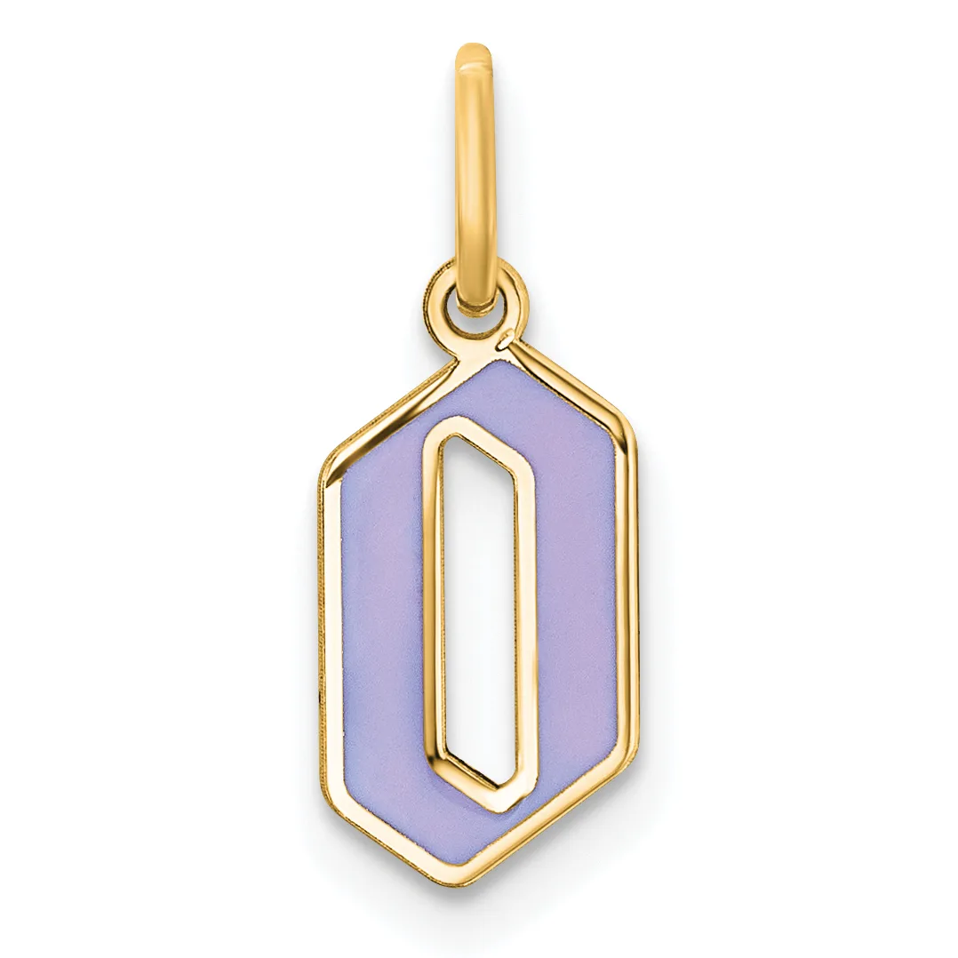 Gold pendant with a purple enamel hexagonal charm featuring a cutout oval window in the center, suspended from a gold bail.