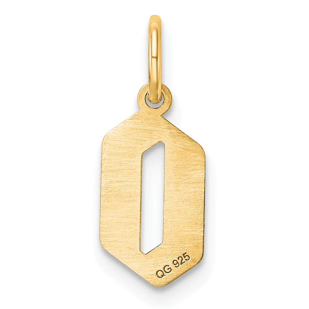 A gold pendant with a brushed finish featuring a geometric hexagonal shape with a vertical rectangular cutout, suspended from a bail, with a small stamped hallmark on the lower edge.