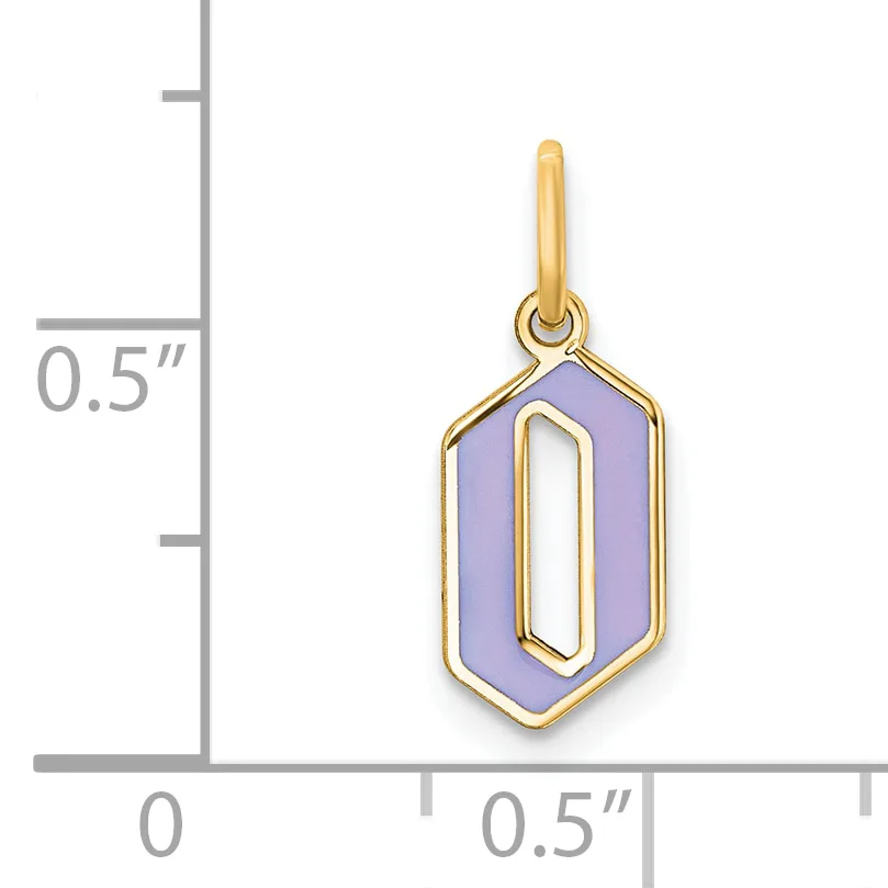 Gold-plated pendant with a lavender enamel hexagonal shape featuring a cutout center, shown next to a measurement scale indicating approximately 0.5 inches in width.