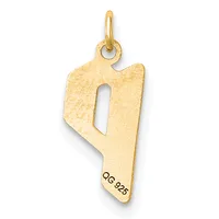 Gold pendant shaped like the number 9 with a rectangular cutout, suspended from a small loop, with a small stamped hallmark on the lower edge.