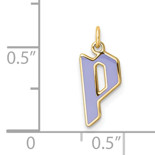 A gold-plated charm pendant with a purple enamel fill shaped like the letter P, shown next to a ruler indicating its size as approximately 0.5 inches tall and 0.25 inches wide.