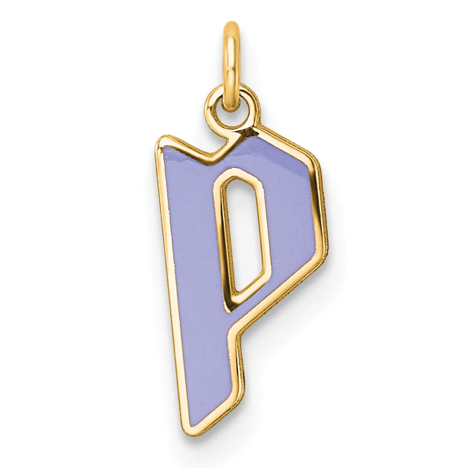 A gold-outlined pendant charm shaped like the letter P in lavender enamel, suspended from a gold loop bail.
