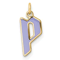 A gold-outlined pendant charm shaped like the letter P in lavender enamel, suspended from a gold loop bail.
