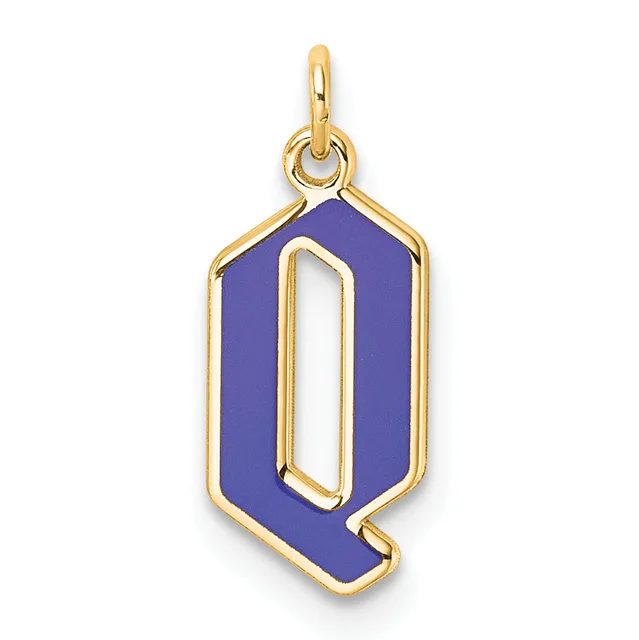Gold pendant charm with a deep blue enamel hexagonal shape featuring a cutout letter Q design, suspended from a gold loop bail.