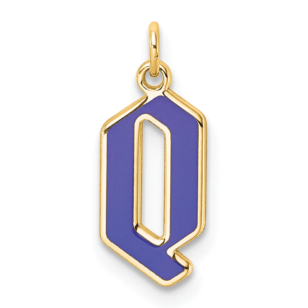 Gold pendant charm with a deep blue enamel hexagonal shape featuring a cutout letter Q design, suspended from a gold loop bail.