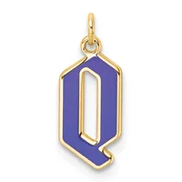 Gold pendant charm with a deep blue enamel hexagonal shape featuring a cutout letter Q design, suspended from a gold loop bail.