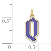 Gold-plated pendant with blue enamel hexagonal shape featuring a cutout letter Q, shown next to a measurement scale indicating approximately 0.5 inches in height.
