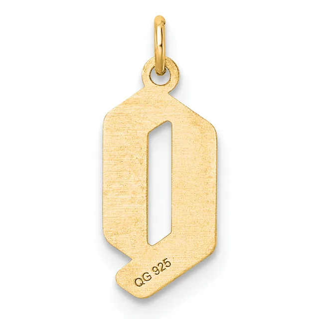 Gold pendant with an open rectangular design and a small stamped hallmark on the lower portion, suspended from a bail loop at the top.