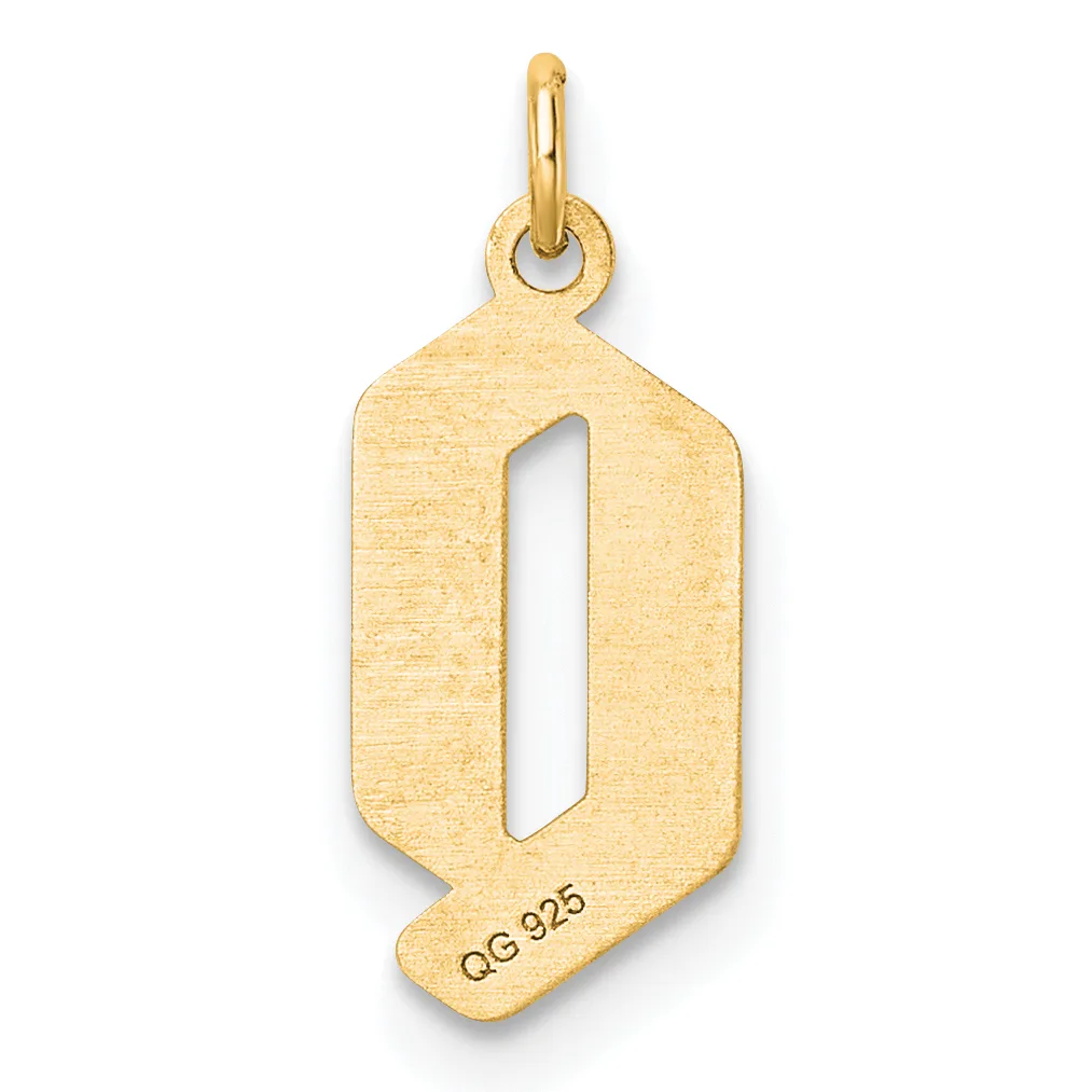 Gold pendant with an open rectangular design and a small stamped hallmark on the lower portion, suspended from a bail loop at the top.